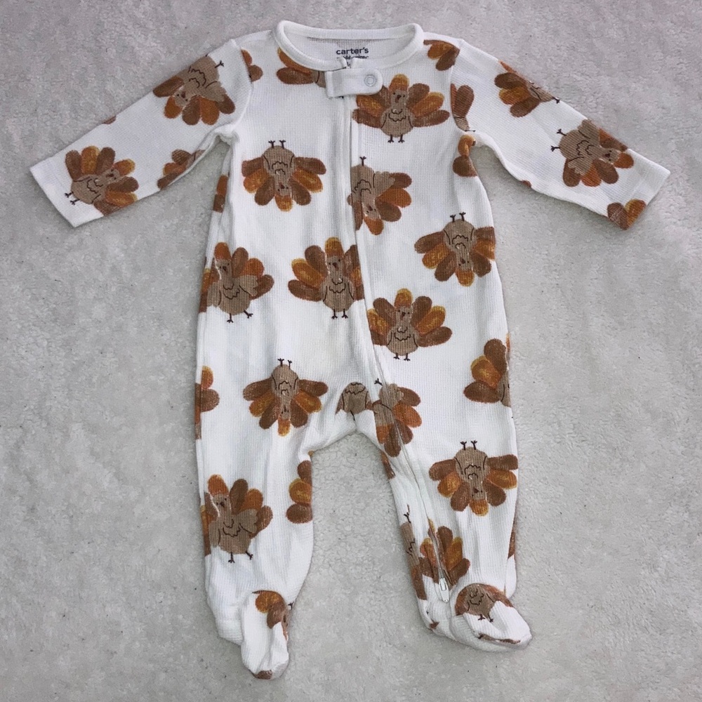 #60. Carter's Child of Mine - White and Brown Turkey Pattern Footie